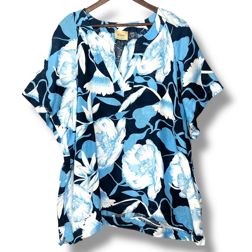 Elie Tahari 3X Blouse Blue White Floral V Neck 100% Linen Tunic Vacation Resort